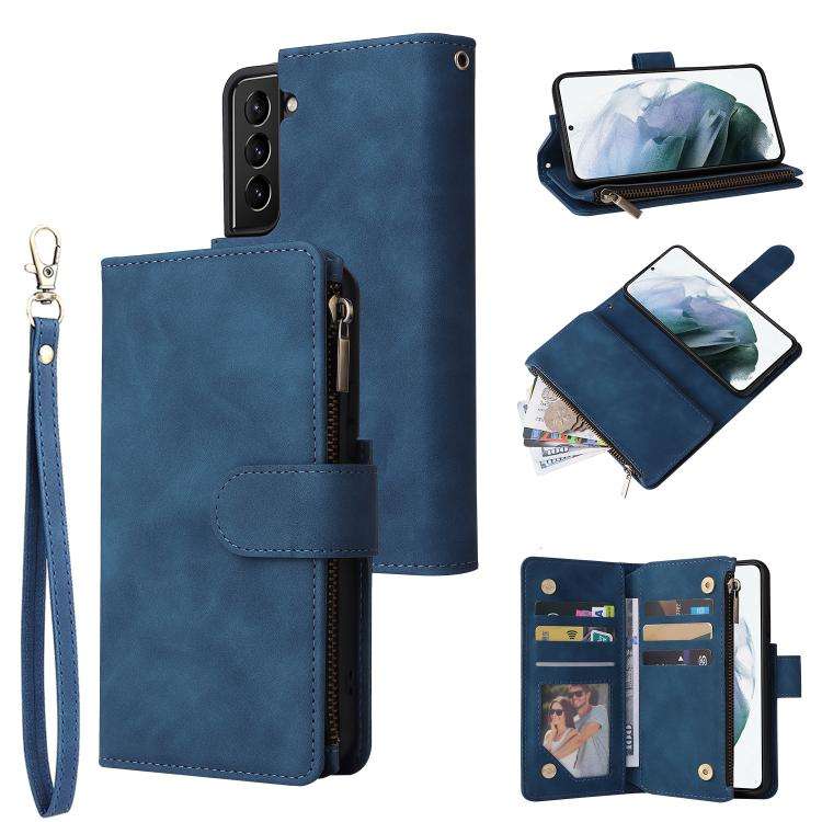 For Samsung Galaxy S22+ 5G Multifunctional Frosted Zipper Wallet Leather Phone Case(Blue)