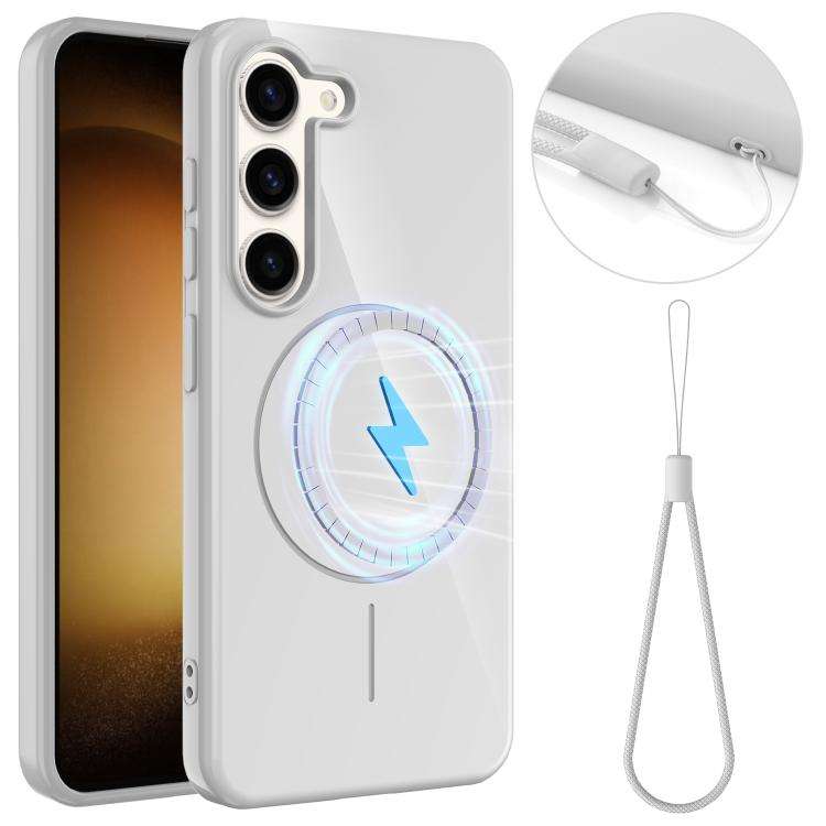 For Samsung Galaxy S23+ 5G Glossy TPU Shockproof MagSafe Phone Case with Lanyard(White)