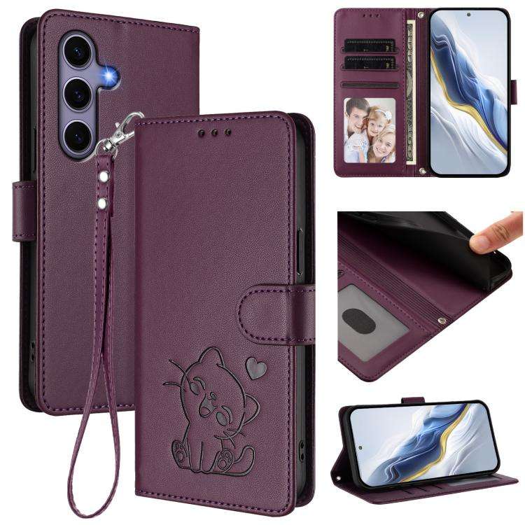 For Samsung Galaxy S25+ / S24+ 5G Embossed Heart Cat Leather Phone Case with Hand Strap(Dark Purpl