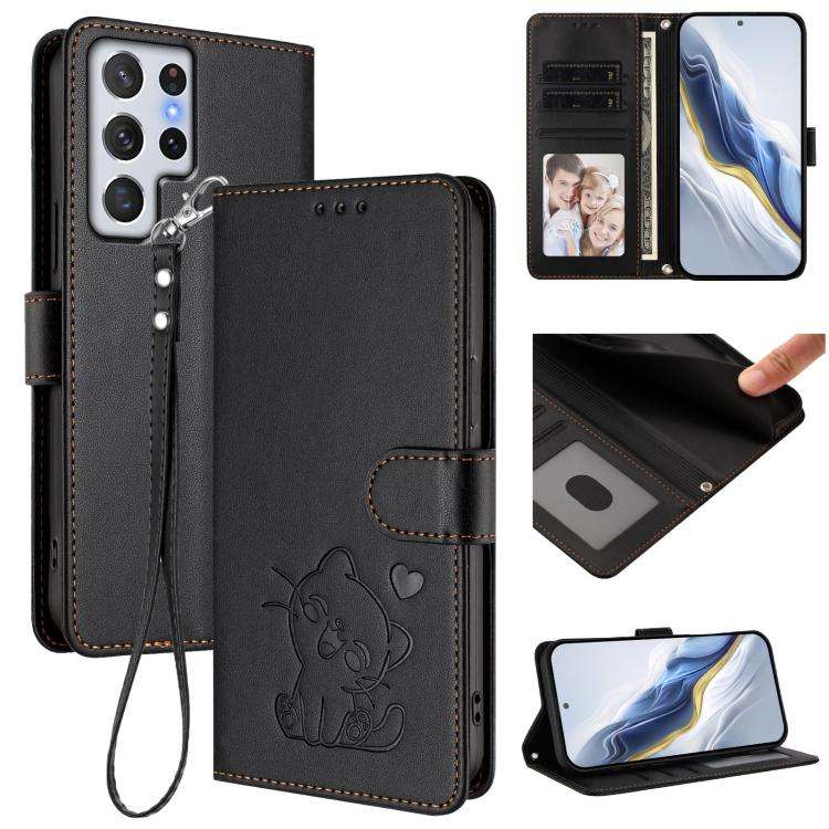 For Samsung Galaxy S22 Ultra 5G Embossed Heart Cat Leather Phone Case with Hand Strap(Black)