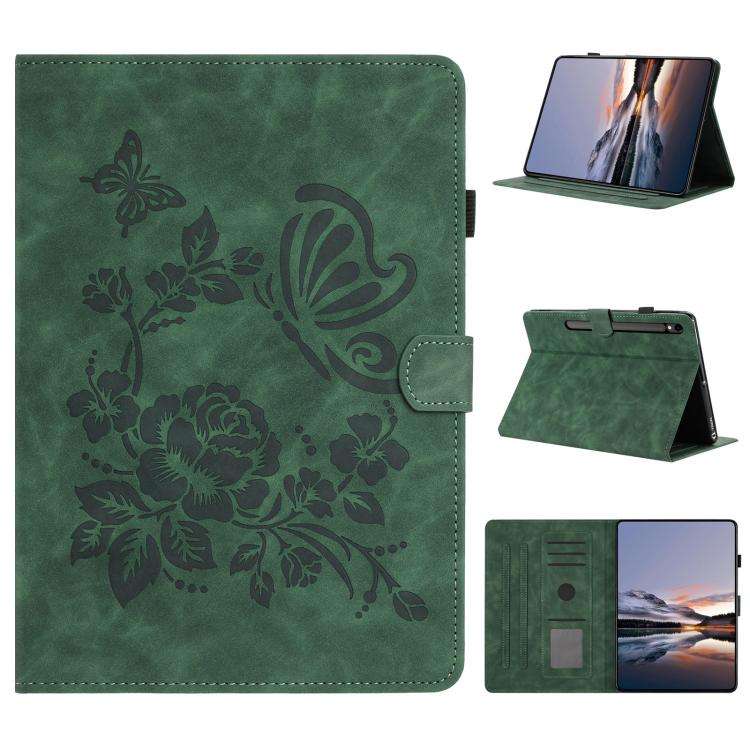 For Samsung Galaxy Tab S10 FE+ Butterfly Loves Flowers Embossed Leather Smart Tablet Case(Green)