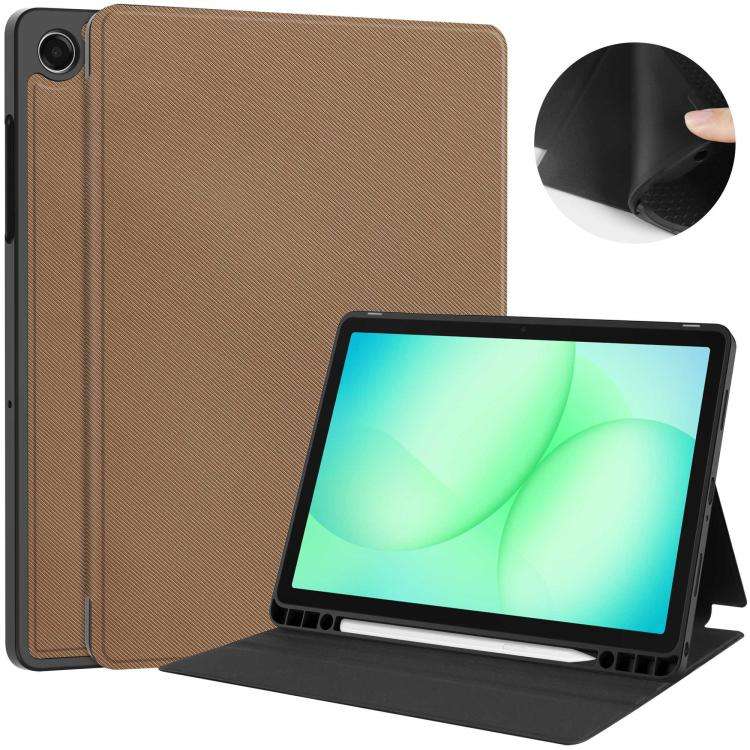 For Samsung Galaxy Tab A11+ Twill Fabric Vegan Leather Smart Tablet Case with Pen Tray & Holder(Br