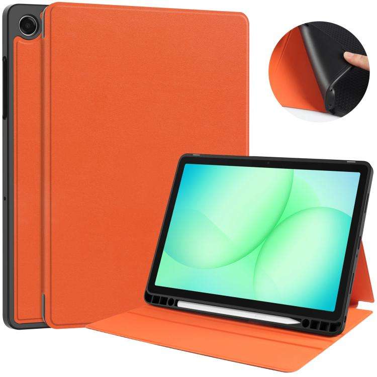For Samsung Galaxy Tab A11+ Twill Fabric Vegan Leather Smart Tablet Case with Pen Tray & Holder(Or