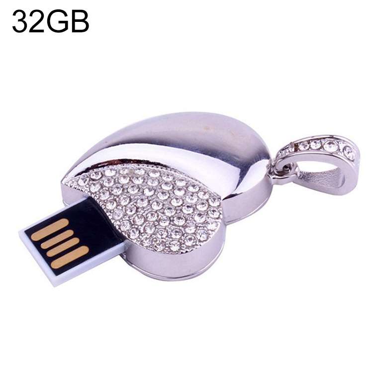 Silver Heart Shaped Diamond Jewelry USB Flash Disk, Special for Valentines Day Gifts (32GB)(Silver