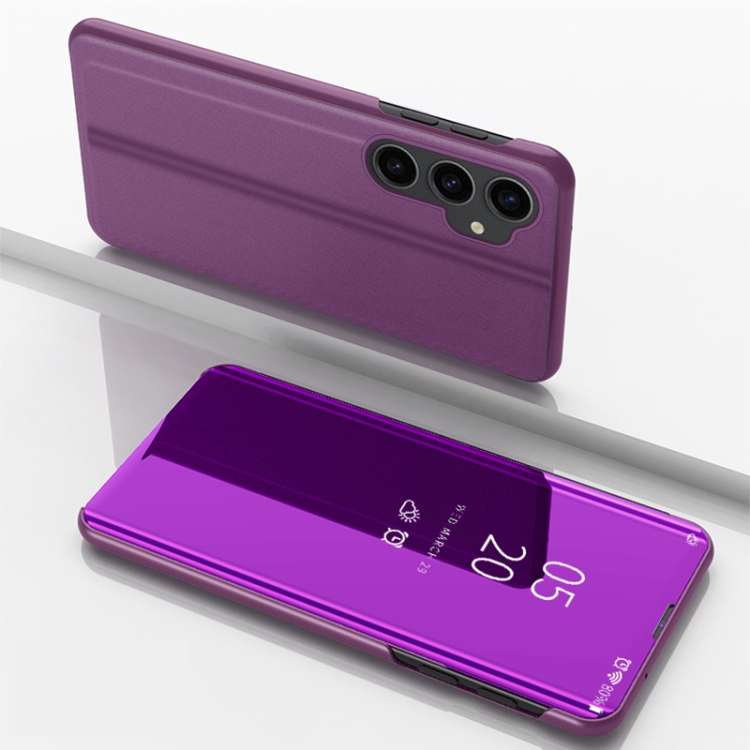 For Samsung Galaxy S23 FE 5G Plated Mirror Horizontal Flip Leather Phone Case with Holder(Purple)