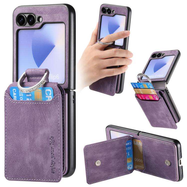 For Samsung Galaxy Z Flip5 5G Retro Leather Ring Vertical Flip Wallet Phone Case(Purple)