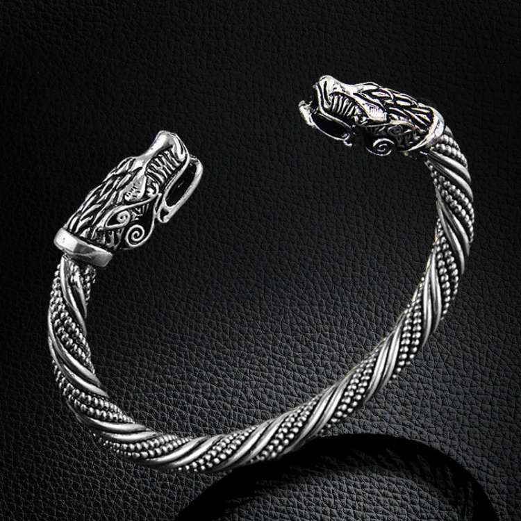 Men Wristband Cuff Dragon-Head Viking Bracelet Jewelry Fashion Accessories(Antique Silver Plated)...