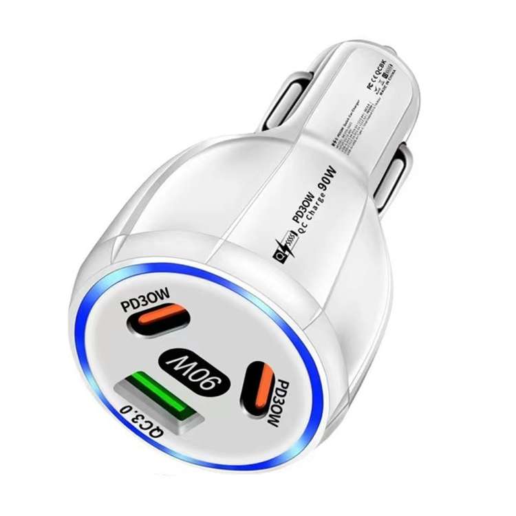 90W Super Fast Charging USB-C Car Charger Dual PD 30W+QC3.0 Charging Station(White)