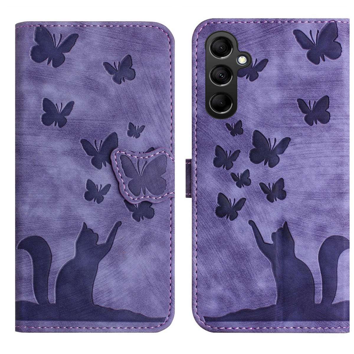 For Samsung Galaxy A57 5G Butterfly Cat Embossing Flip Leather Phone Case(Purple)