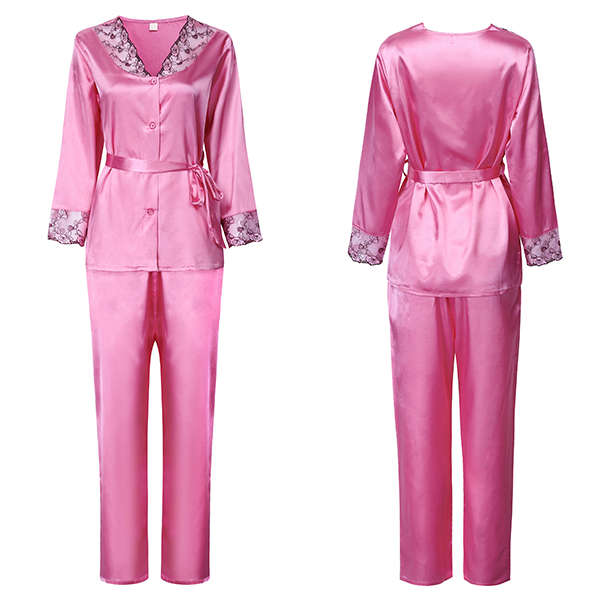 Sexy Women Lace V Neck Long Sleeve Sleepwear Silk Breathable Ni... (COLOR: WATERMELONRED | SIZE: XL)