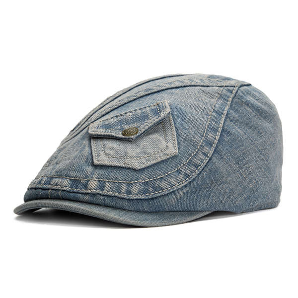 Fashion Mens Vintage Pocket Design Denim Beret Hat Duckbill Golf Buckle Cabbie Cap (COLOR: BLUE)