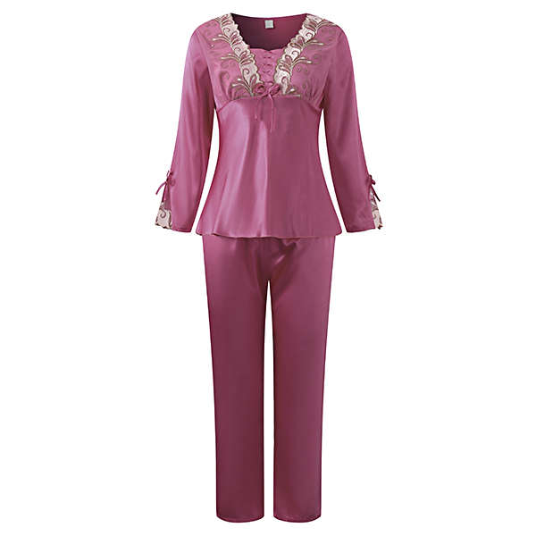 Soft Silk Lace-trim Long Sleeve Pajamas Suit (COLOR: WINERED | SIZE: XL)