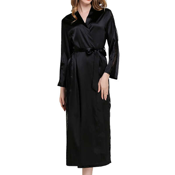 Women Lace Smooth Silk-like Leisure Breathable Bath Robe (COLOR: BLACK | SIZE: ONESIZE)
