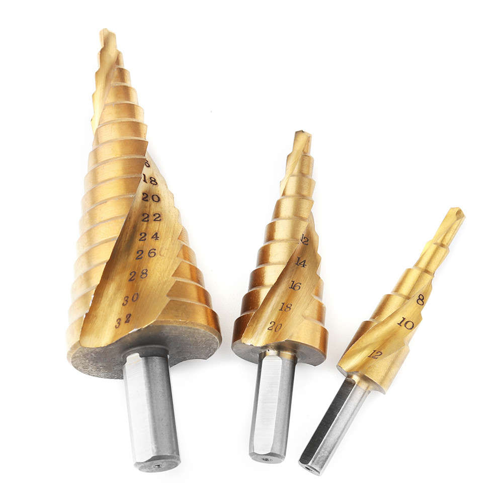 3pcs 4-12/4-20/4-32mm HSS Titanium Coated Step Drill Bit Triangle Shank Step Drill