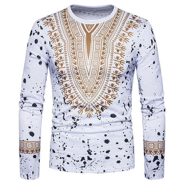 Men's Fashion Folk Style 3D Floral Printed Long Sleeved T-shirt Casual Round Neck Tops Tees