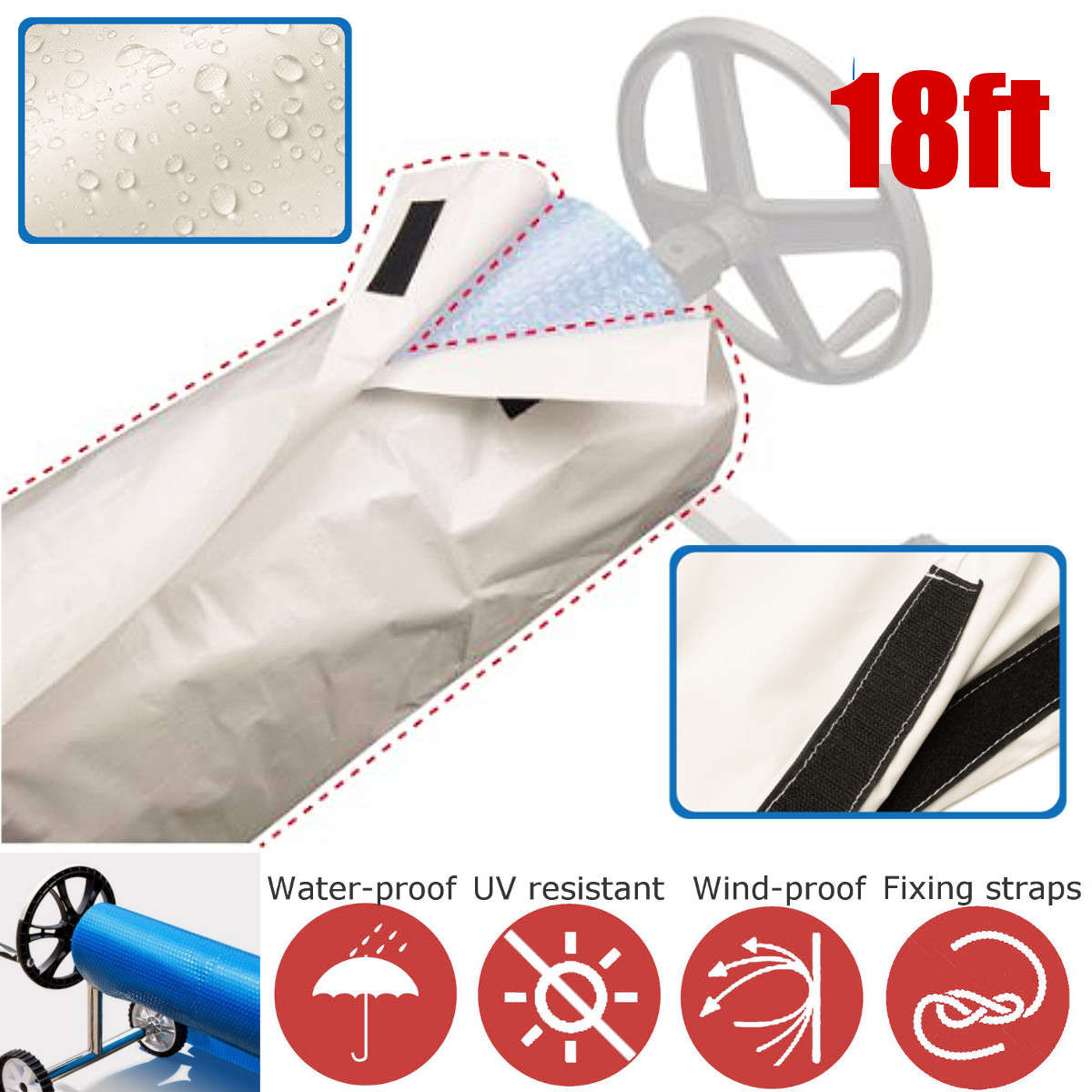 18 Ft White Solar Blanket Winter Cover For Swimming Pool Solar Roller Reel