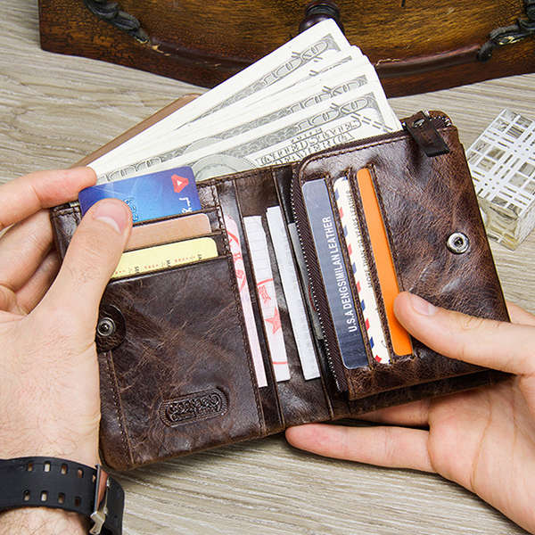 Men Genuine Leather Tri-fold Short Wallet Retro Wallet