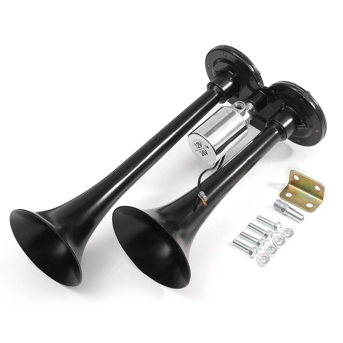12V 150db Loud Dual Black Car Truck Trumpet Air Horn Horns Mega Train Universal