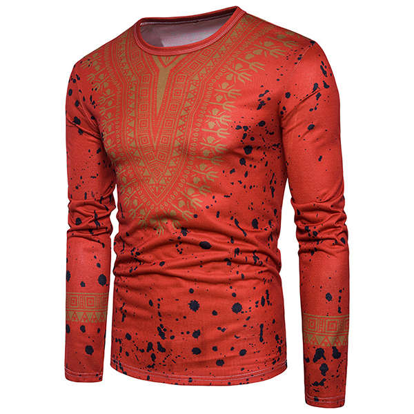Men's Fashion Folk Style 3D Floral Printed Long Sleeved T-shirt Casual Round Neck Tops Tees