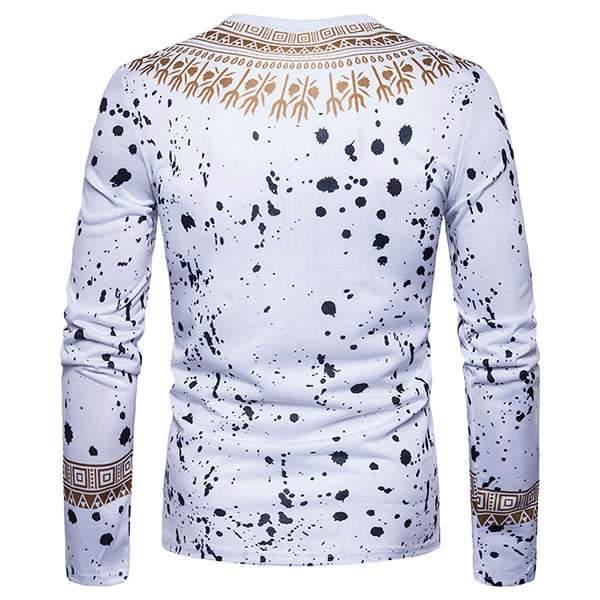 Men's Fashion Folk Style 3D Floral Printed Long Sleeved T-shirt Casual Round Neck Tops Tees