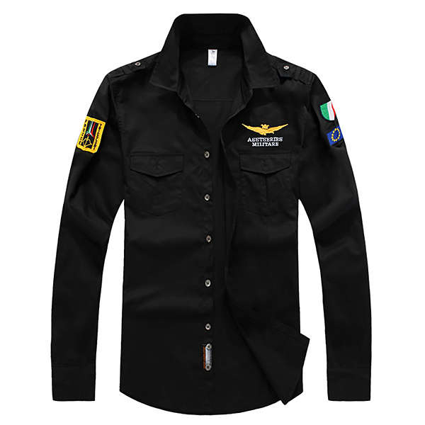 ASSTSERIES Embroidery Epaulets Military Cotton Work Shirts (COLOR: BLACK | SIZE: L)