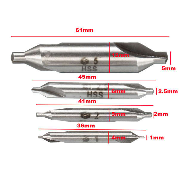 /2/2.5/5mm Centering Drills Set 60 Degree HSS Center Drill Bits Counte