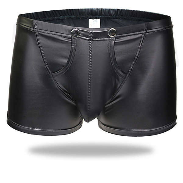 Black Button Opening Crotch Low Waist Faux Leather Boxers (COLOR: BLACK | SIZE: S)