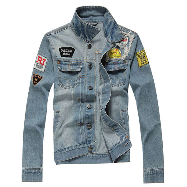 Ripped Stamp Embroidery Trendy Denim Jacket Slim Pop Jeans Coat for Men