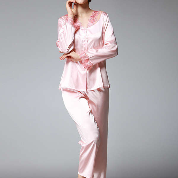 Autumn Soft Loose Silk Lace-trim Sleepwear Suit (COLOR: PINK | SIZE: XL)