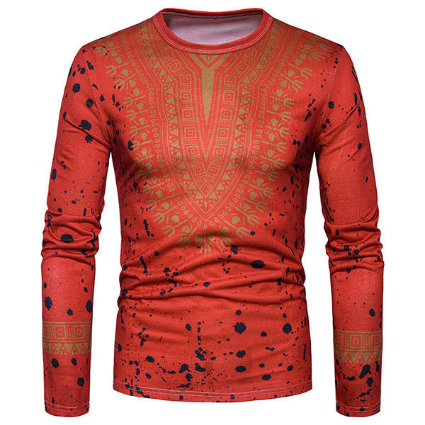Men's Fashion Folk Style 3D Floral Printed Long Sleeved T-shirt Casual Round Neck Tops Tees