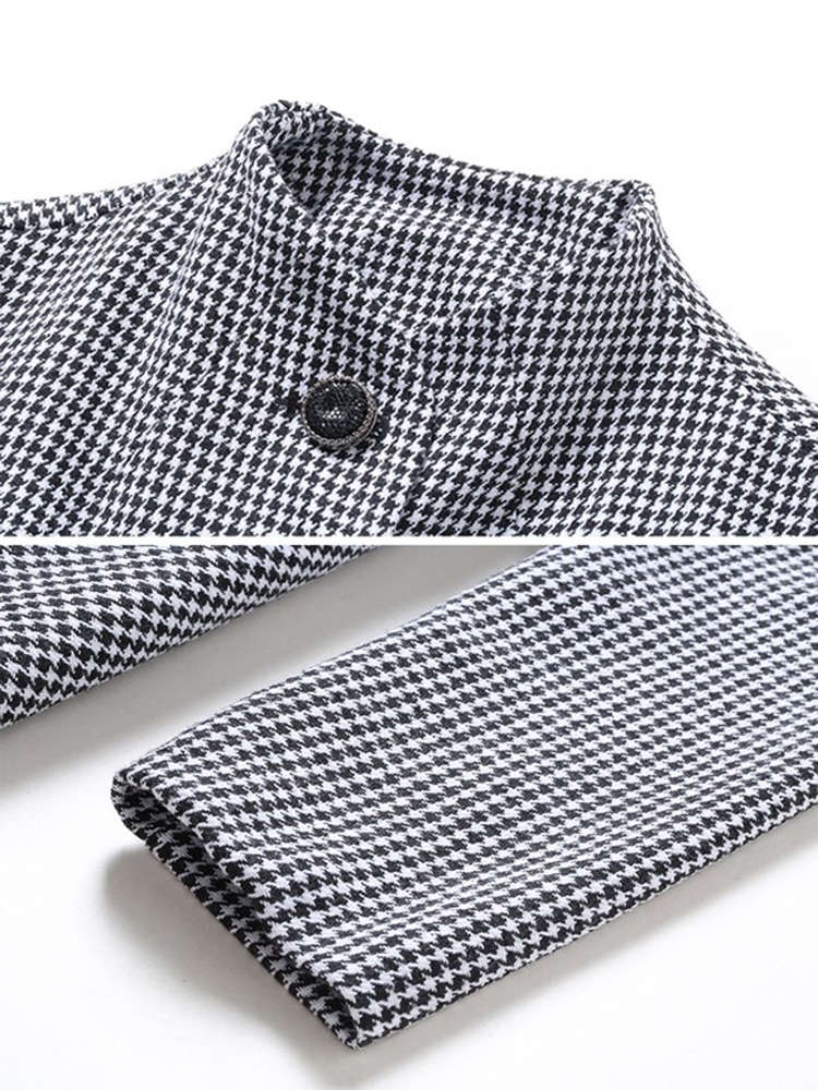 Women's Fashion Knee-Length Trench Coats Elegant Long Sleeve Houndstooth Pattern Jackets