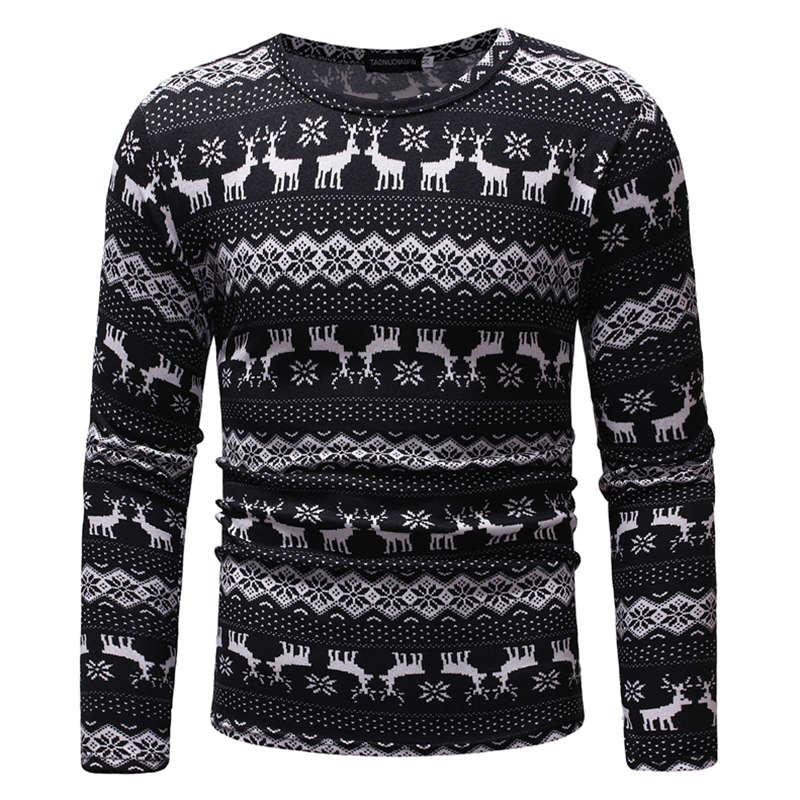 Men Casual Deer Printed Long Sleeve Pullover T-shirts