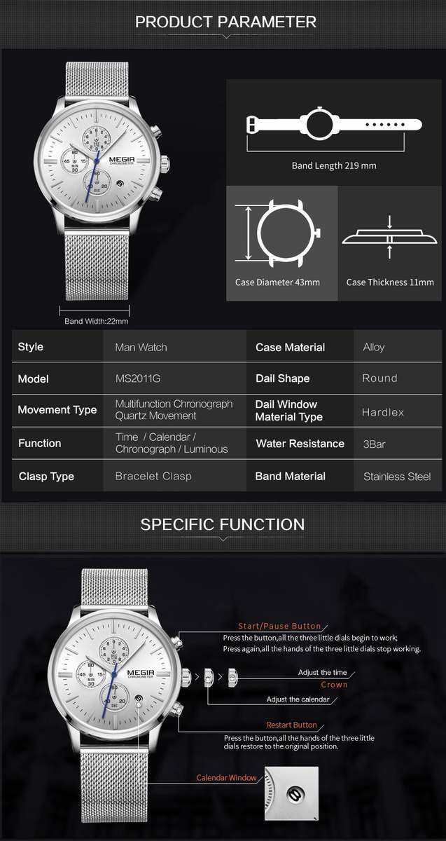 MEGIR 2011G Men Watch Luxury Ultra Slim Business Stainless Steel Strap Quartz Wrist Watch - 0.09kg