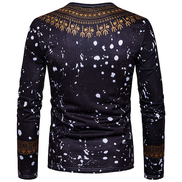 Men's Fashion Folk Style 3D Floral Printed Long Sleeved T-shirt Casual Round Neck Tops Tees