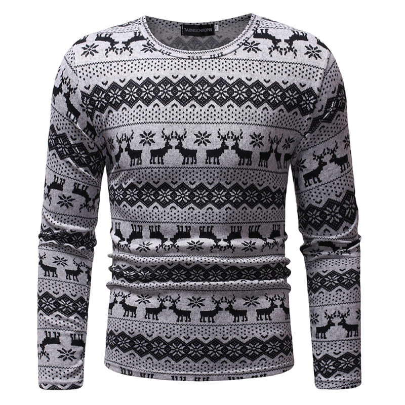 Men Casual Deer Printed Long Sleeve Pullover T-shirts