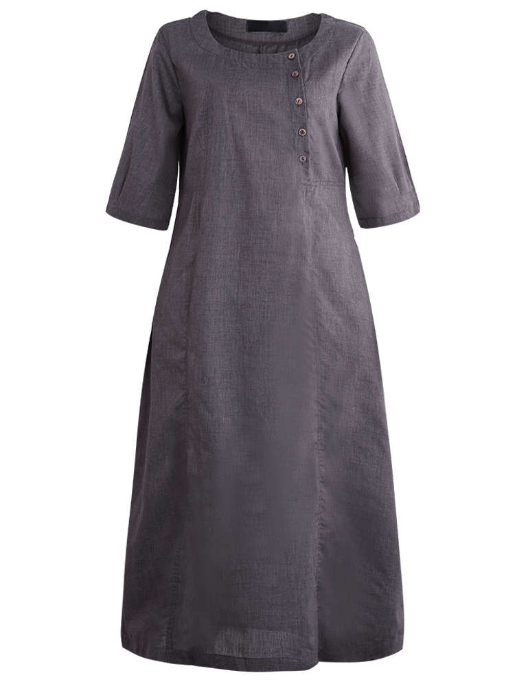 Plus Size Work Pure Color Crew Neck Three Quarter Sleeve Maxi Dress