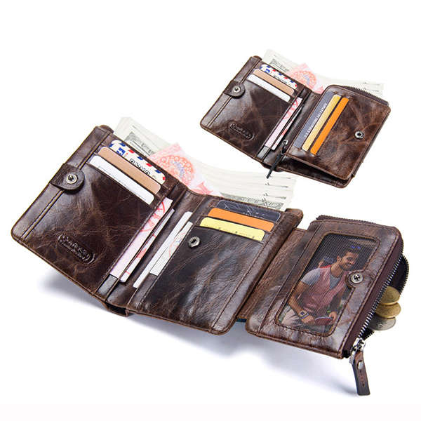 Men Genuine Leather Tri-fold Short Wallet Retro Wallet