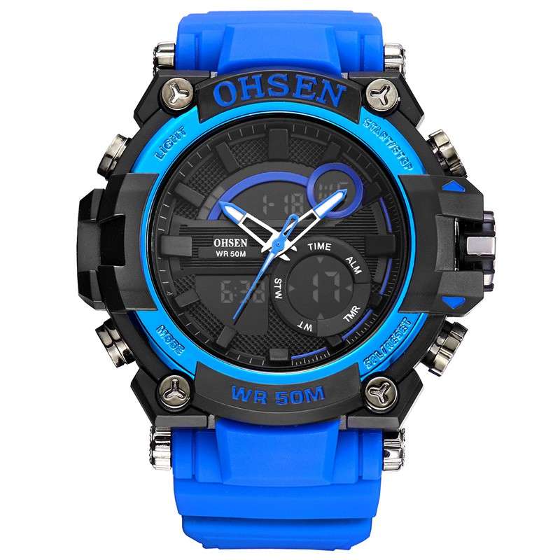 OHSEN AD1706 Digital Watch Dual Display Multifunction LED Sport Swimming Men Watch (COLOR: BLUE)
