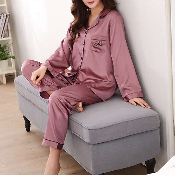 Lovers Silk Pajamas Long-sleeved Trousers Home Sleepwear Suit (COLOR: 06 | SIZE: XL)