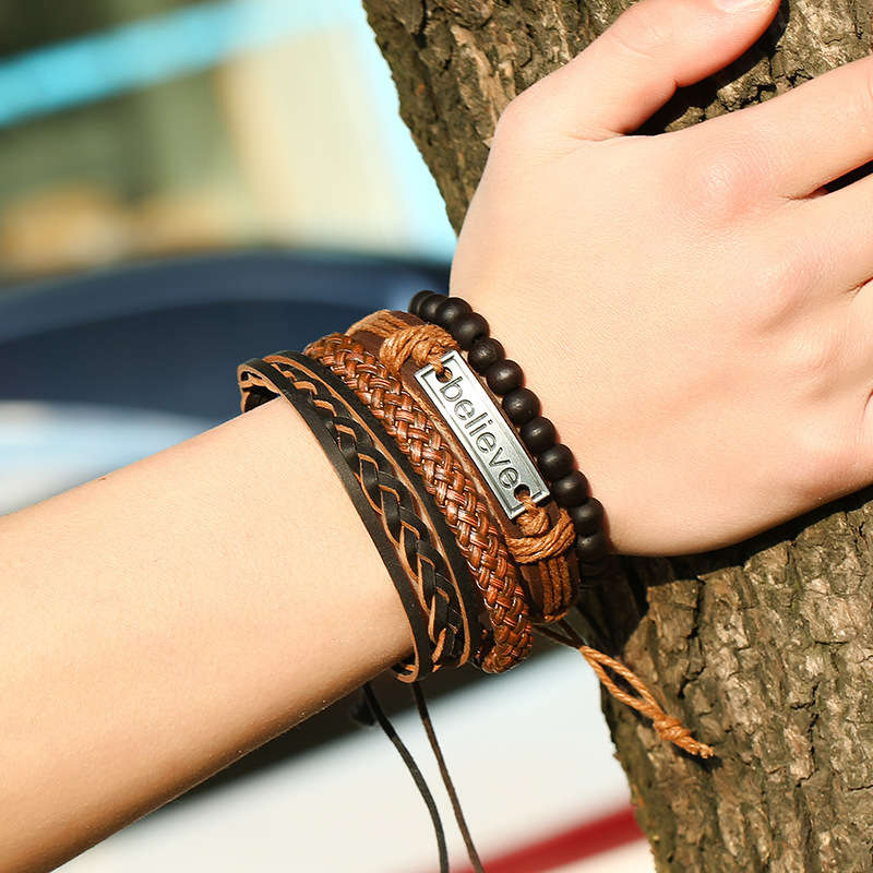 Vintage Leather Bracelet Believe Words Multilayer Bracelet