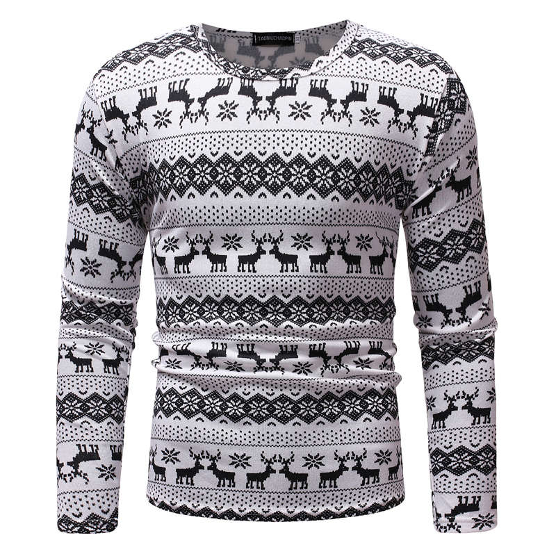 Men Casual Deer Printed Long Sleeve Pullover T-shirts