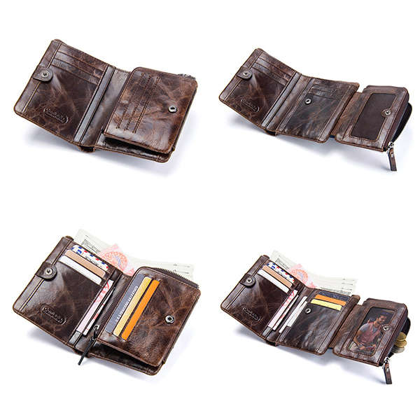 Men Genuine Leather Tri-fold Short Wallet Retro Wallet