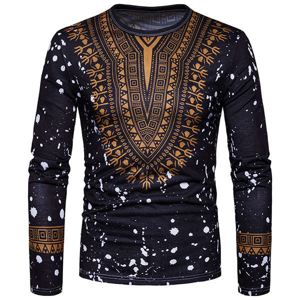 Men's Fashion Folk Style 3D Floral Printed Long Sleeved T-shirt Casual Round Neck Tops Tees