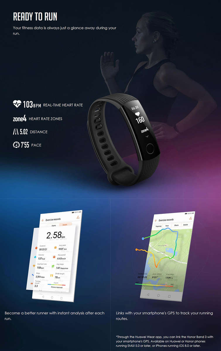 Huawei Honor Band 3 Real-time HR Monitor 5ATM Waterproof 30 Days Standby Fitness Smart Watch Band -