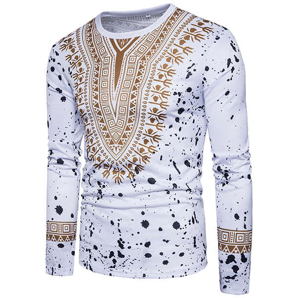Men's Fashion Folk Style 3D Floral Printed Long Sleeved T-shirt Casual Round Neck Tops Tees
