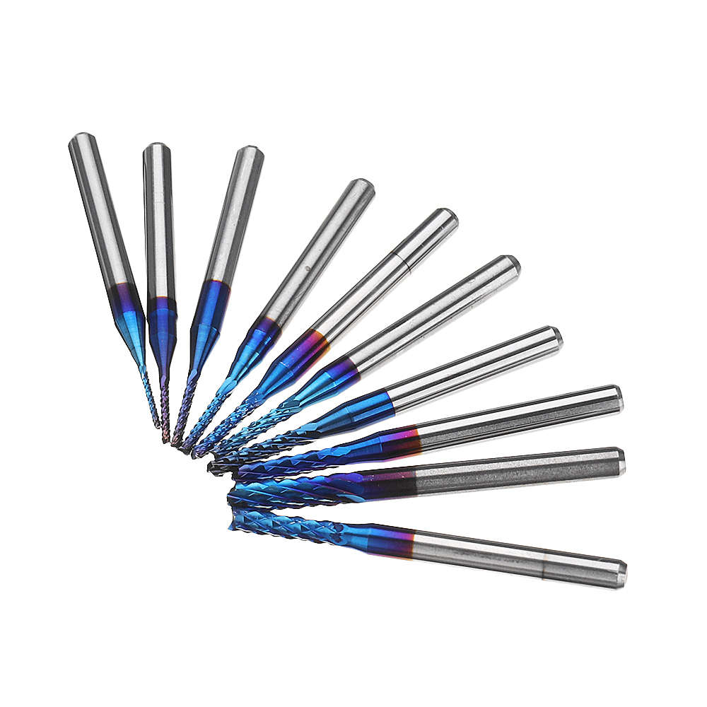 Drillpro 10pcs 0.8-3.175mm Blue NACO Coated PCB Bits Carbide Engraving Milling Cutter For CNC Tool R
