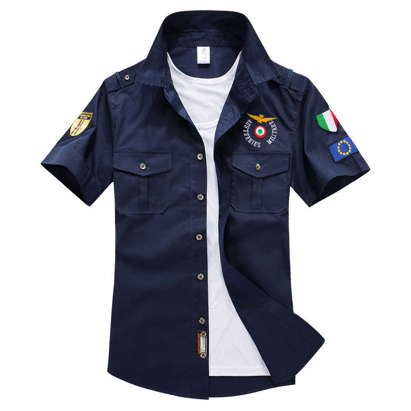 ASSTSERIES Epaulets Military Embroidery Cotton Work Shirts (COLOR: NAVY | SIZE: L)