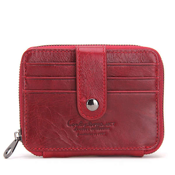 Men Genuine Leather Card Bag Zipper Coin Bag 10 Card Slots Wallet (COLOR: WINERED)