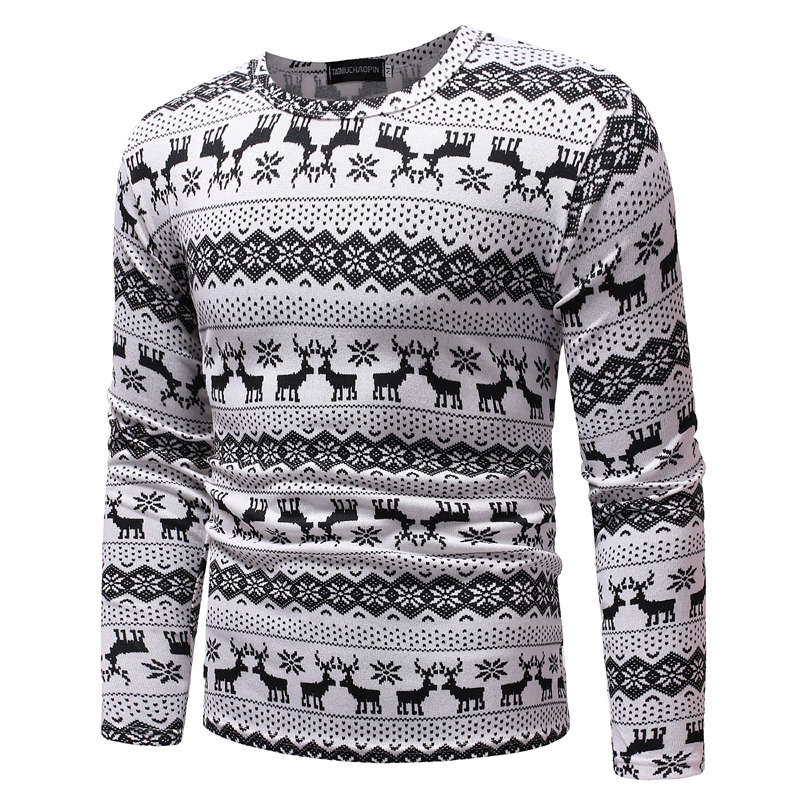 Men Casual Deer Printed Long Sleeve Pullover T-shirts