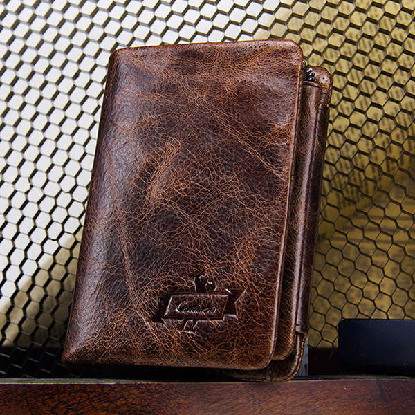 Men Genuine Leather Tri-fold Short Wallet Retro Wallet